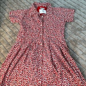 J. Crew Red and White Heart-Print Button-Front Dress